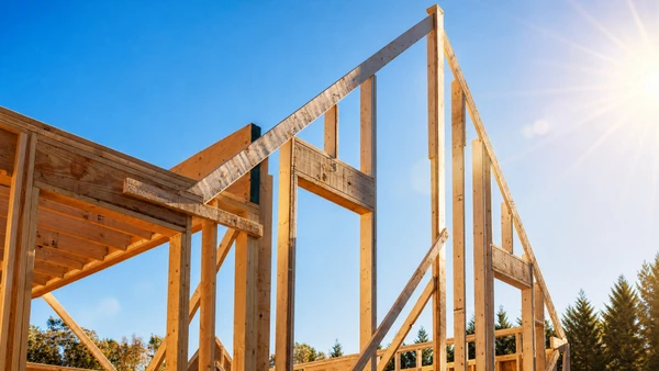 Chantier de maison individuelle en construction, vue extérieure par beau temps. Structure bois apparente avec ossature en madriers et charpente traditionnelle visible sans couverture. Murs en cours de montage avec trame bois. Échafaudage métallique autour du chantier. Terrain en terre battue, ciel dégagé, environnement rural.