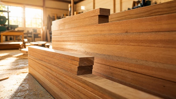 Stockage de matériaux de construction bois en entreposage couvert : poutres apparentes en bois de différentes sections empilées régulièrement, planches de coffrage et madriers rangés par dimensions, rouleaux d'isolation en fibres de bois visibles, quelques paquets de bardage bois prêts à la vente. Éclairage naturel zénithal, sol béton, atmosphère professionnelle d'entrepôt artisanal de négoce de matériaux bois.